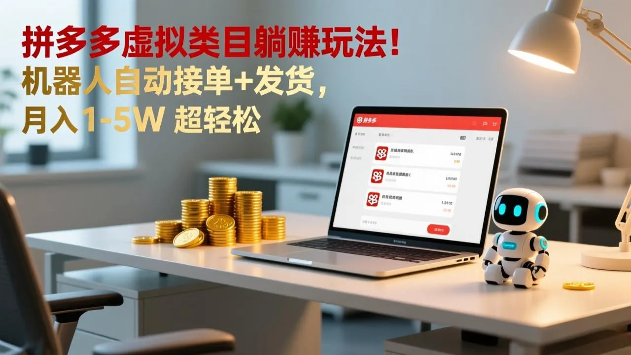 多多虚拟类目躺赚玩法！机器人自动接单+发货，月入 1-5W 超轻松-来缘阁