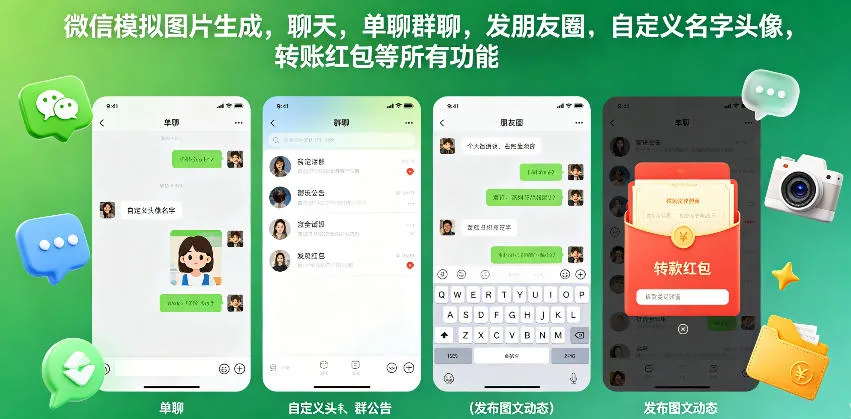微信模拟图片生成，聊天，单聊群聊，发朋友圈，自定义名字头像，转账红包等所有功能都可以生成-来缘阁