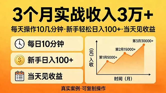 3个月实战收入3万+，每天操作10几分钟，新手轻松日入100+，当天见收益-来缘阁