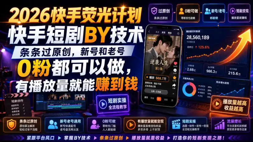2026快手荧光计划,快手短剧搬运技术,条条过原创,新号和老号0粉都可以做,有播放量就能賺到钱-来缘阁