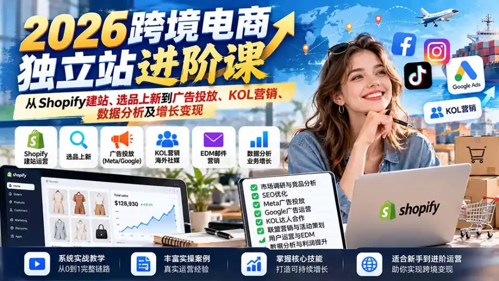 2026跨境电商独立站进阶课：从Shopify建站、选品上新到广告投放、KOL营销、数据分析及增长变现-来缘阁