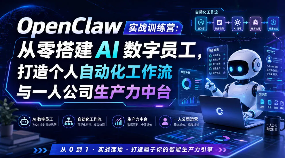 OpenClaw实战训练营：从零搭建AI数字员工，打造个人自动化工作流与一人公司生产力中台-来缘阁