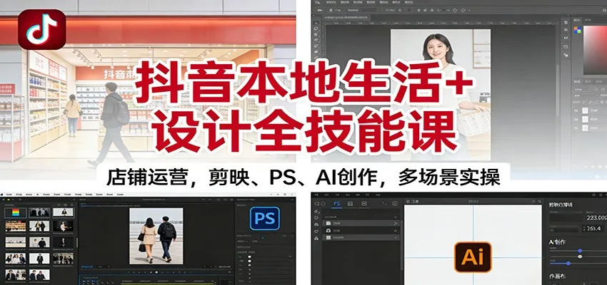 抖音本地生活+设计全技能课：店铺运营，剪映、PS、AI创作，多场景实操-来缘阁