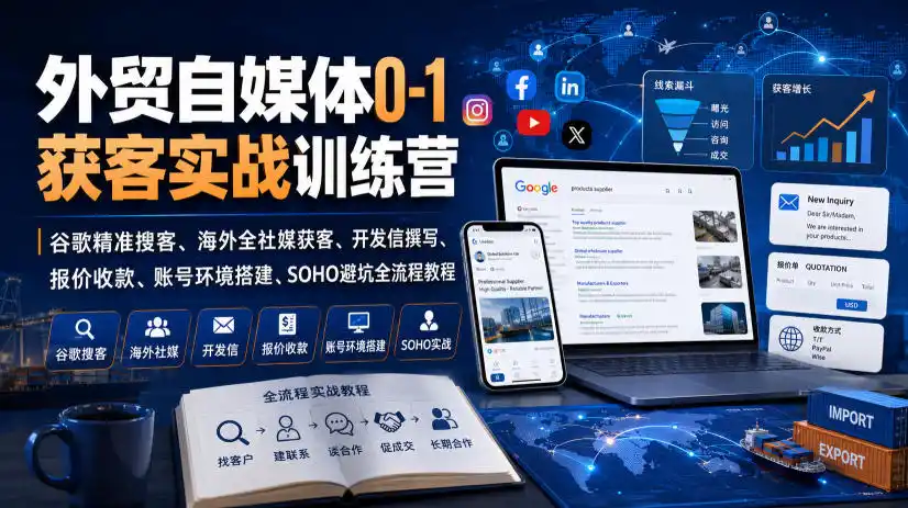 外贸自媒体0-1获客实战训练营|谷歌精准搜客、海外全社媒获客、开发信撰写、报价收款、账号环境搭建、SOHO避坑全流程教程(更新)-来缘阁