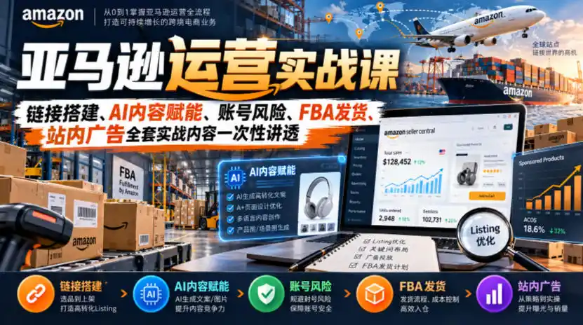 亚马逊运营实战课,链接搭建、AI内容赋能、账号风险、FBA发货、站内广告全套实战内容一次性讲透-来缘阁
