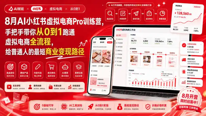 8月AI小红书虚拟电商Pro训练营，手把手带你从0到1跑通虚拟电商全流程，给普通人的最短商业变现路径(更新0827)-来缘阁