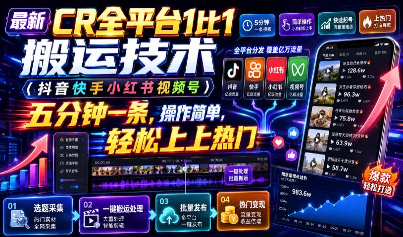 最新CR全平台1比1搬运技术(抖音快手小红书视频号)五分钟分钟一条,操作简单,轻松上热门(教程+软件+参数)-来缘阁