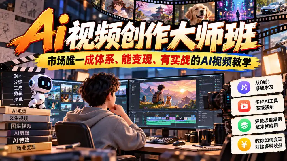 Ai视频创作大师班，市场唯一成体系、能变现、有实战的AI视频教学(更新2026)-来缘阁
