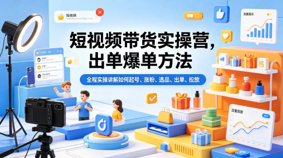 短视频带货实操营，出单爆单方法，全程实操讲解如何起号、涨粉、选品、出单、投放-来缘阁