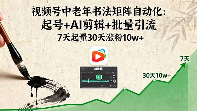 视频号中老年书法矩阵自动化：起号+AI剪辑+批量引流 7天起量30天涨粉10w+-来缘阁