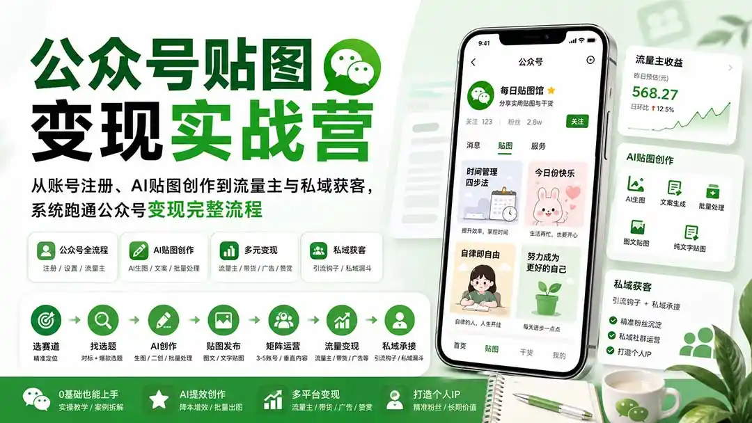 公众号贴图变现实战营：从账号注册、AI贴图创作到流量主与私域获客，系统跑通公众号变现完整流程-来缘阁