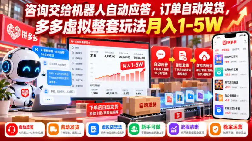 咨询交给机器人自动应答，订单自动发货，多多虚拟整套玩法月入1-5W【揭秘】-来缘阁