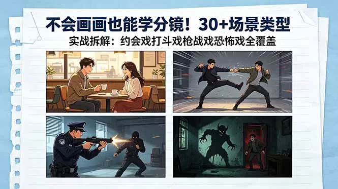 不会画画也能学分镜!30+场景类型实战拆解:约会戏打斗戏枪战戏恐怖戏全覆盖-来缘阁