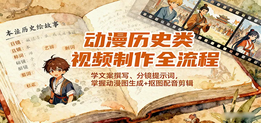 动漫历史类视频制作全流程，学文案撰写、分镜提示词，掌握动漫图生成+抠图配音剪辑-来缘阁