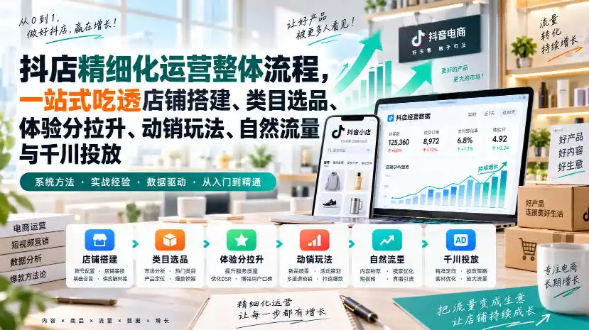 李哥电商-抖店精细化运营整体流程，一站式吃透店铺搭建、类目选品、体验分拉升、动销玩法、自然流量与千川投放-来缘阁
