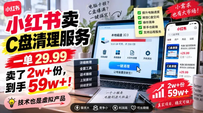 小红书卖C盘清理服务，一单29.99，卖了2w+份，技术也是虚拟产品-来缘阁