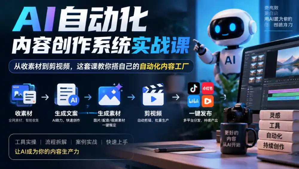 AI自动化内容创作系统实战课，从收素材到剪视频，这套课教你搭自己的自动化内容工厂-来缘阁