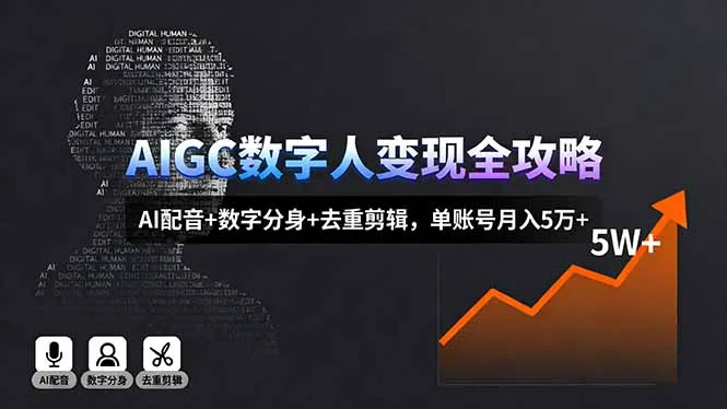 AIGC数字人变现全攻略，AI配音+数字分身+去重剪辑，单账号月入5万+-来缘阁