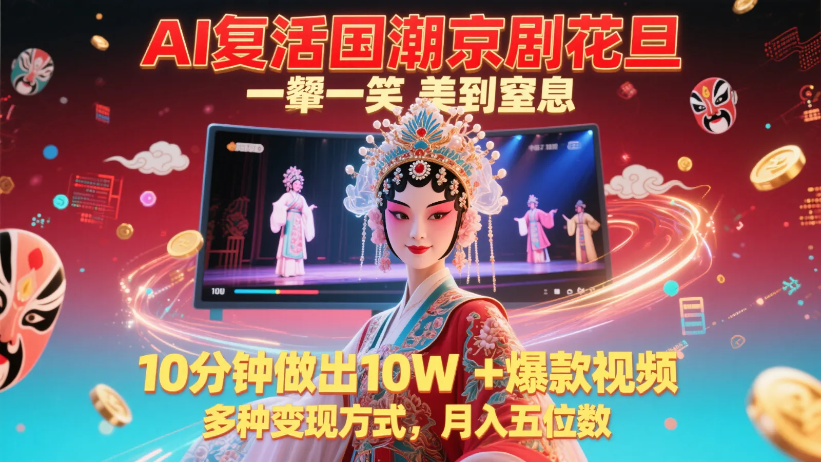 AI复活国潮京剧花旦，一颦一笑美到窒息，10分钟做出10W+爆款视频，多种变现方式-来缘阁