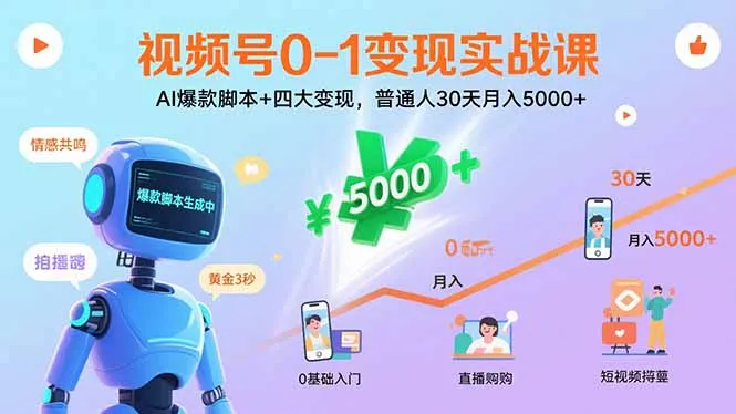 视频号0-1变现实战课：AI爆款脚本+四大变现，普通人30天月入5000+-来缘阁