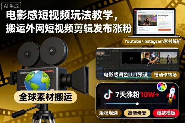 电影感短视频玩法教学，搬运外网短视频剪辑发布涨粉-来缘阁