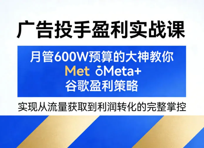 广告投手盈利实战课,月管600W预算的大神教你Meta+谷歌盈利策略,实现从流量获取到利润转化的完整掌控