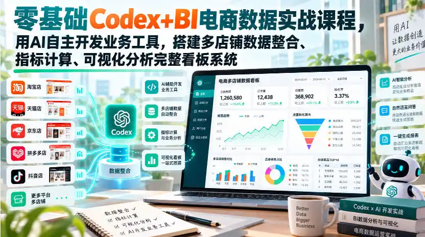 零基础Codex+BI电商数据实战课程，用AI自主开发业务工具，搭建多店铺数据整合、指标计算、可视化分析完整看板系统-来缘阁