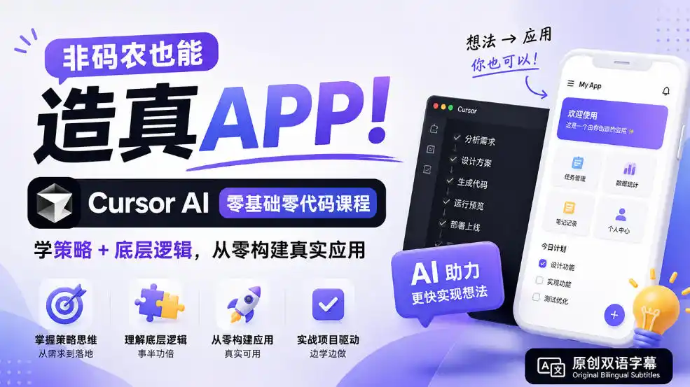 非码农也能造真APP！Cursor AI零基础零代码课程：学策略+底层逻辑，从零构建真实应用【原创双语字幕】-来缘阁