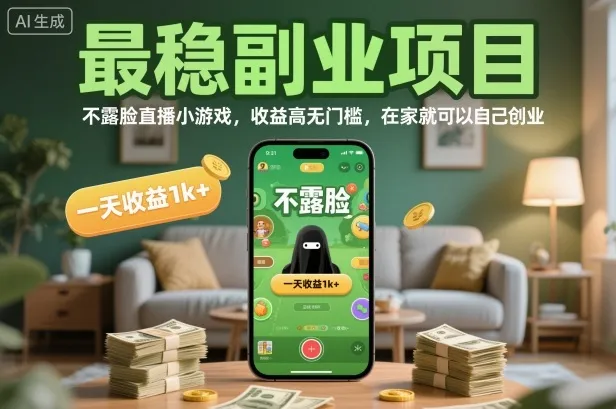 最稳副业项目，不露脸直播小游戏，收益高无门槛，一天收益1k+，在家就可以自己创业【揭秘】-来缘阁