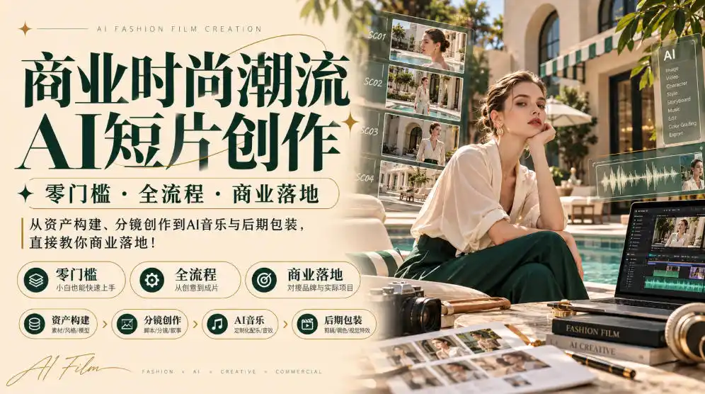商业时尚潮流AI短片创作|零门槛・全流程・商业落地,从资产构建、分镜创作到AI音乐与后期包装,直接教你商业落地!-来缘阁