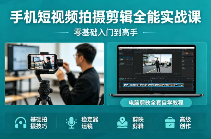 手机短视频拍摄剪辑全能实战课：零基础入门到高手，稳定器运镜+电脑剪映全套自学教程-来缘阁