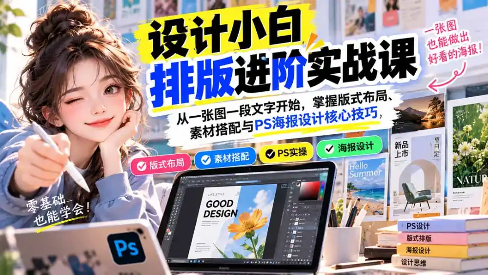 设计小白排版进阶实战课：从一张图一段文字开始，掌握版式布局、素材搭配与PS海报设计核心技巧-来缘阁