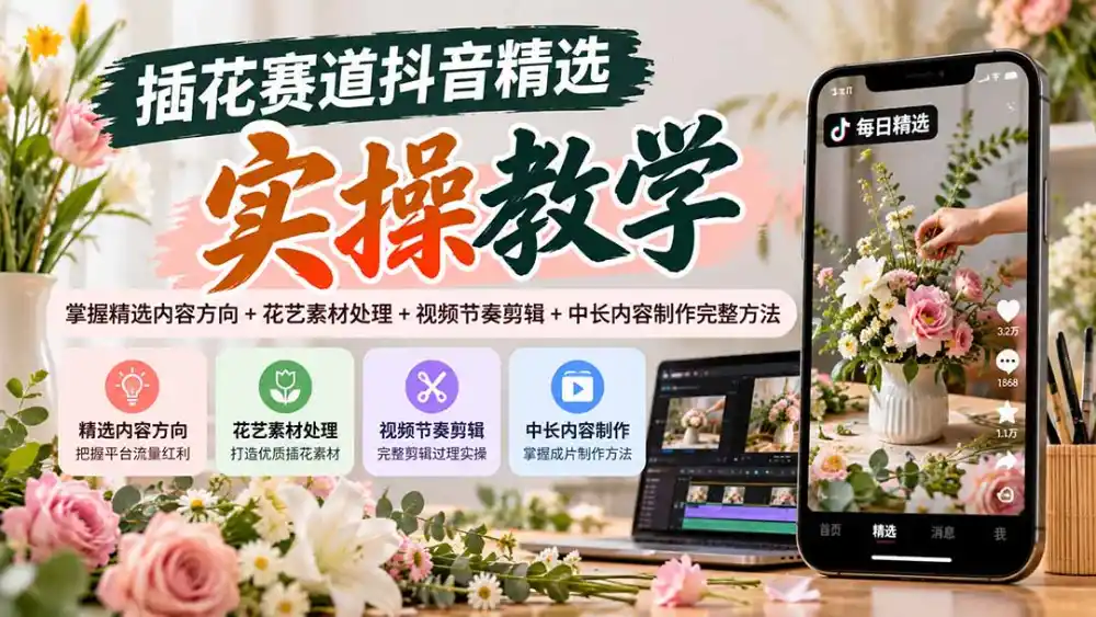 插花赛道抖音精选实操教学:掌握精选内容方向+花艺素材处理+视频节奏剪辑+中长内容制作完整方法-来缘阁