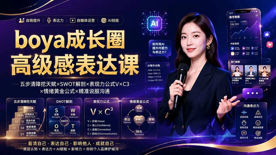 boya成长圈｜内心成长高级表达AI自媒体三合一，消解内耗挖掘天赋，镜头沟通AI指令短视频全流程教学-来缘阁