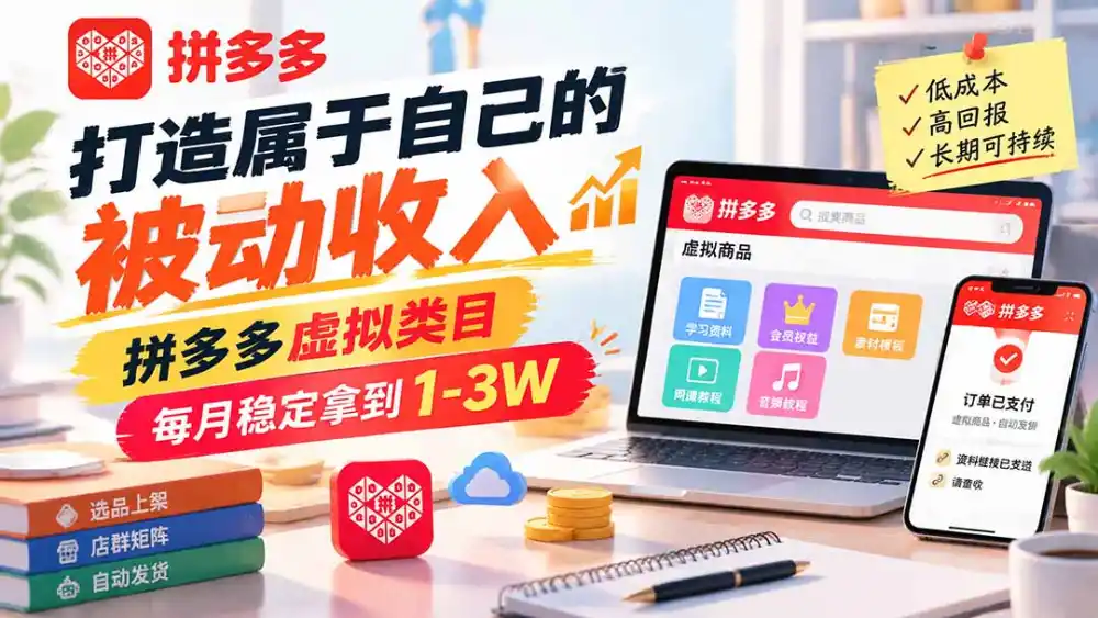 打造属于自己的被动收入，拼多多虚拟类目，每月稳定拿到 1-3W-来缘阁