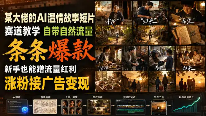 某大佬的AI温情故事短片赛道教学，自带自然流量，条条爆款，新手也能蹭流量红利，涨粉接广告变现-来缘阁