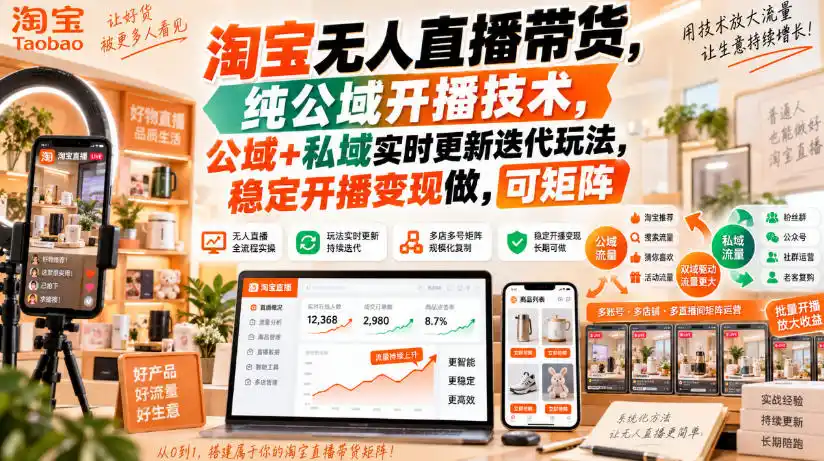 淘宝无人直播带货,纯公域开播技术,公域+私域实时更新迭代玩法,稳定开播变现做,可矩阵【揭秘】-来缘阁
