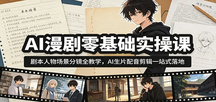 AI漫剧零基础实操课：剧本人物场景分镜全教学，AI生片配音剪辑一站式落地-来缘阁