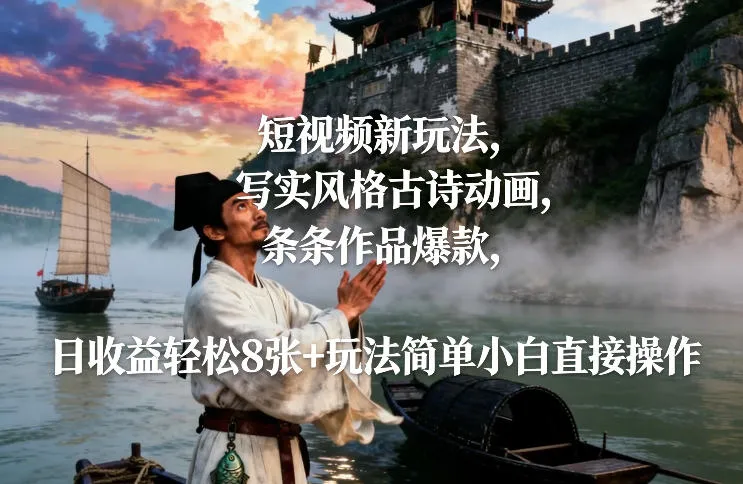 短视频新玩法,写实风格古诗动画,条条作品爆款,日收益轻松8张+玩法简单小白直接操作-来缘阁