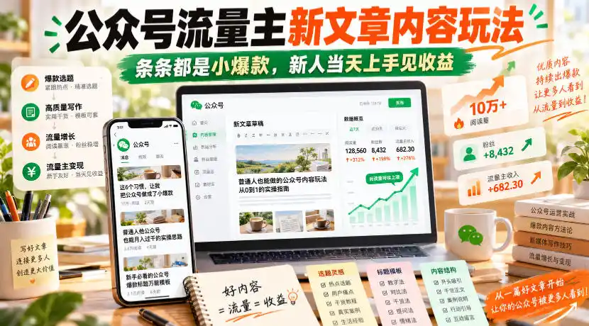 公众号流量主新文章内容玩法,条条都是小爆款,新人当天上手见收益-来缘阁