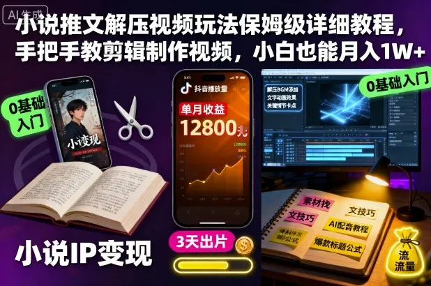 小说推文解压视频玩法保姆级详细教程，手把手教剪辑制作视频，小白也能月入1W+-来缘阁