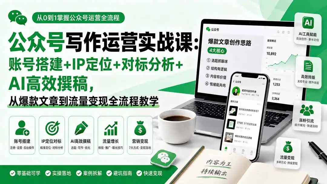 公众号写作运营实战课：账号搭建+IP定位+对标分析+AI高效撰稿，从爆款文章到流量变现全流程教学-来缘阁