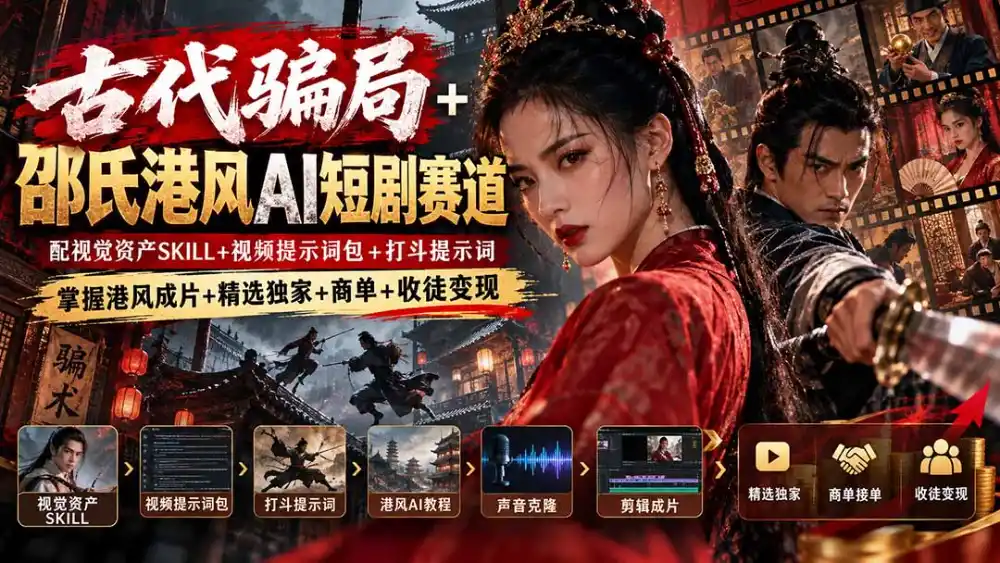 古代骗局+邵氏港风AI短剧赛道:配视觉资产SKILL+视频提示词包+打斗提示词,掌握港风成片+精选独家+商单+收徒变现-来缘阁