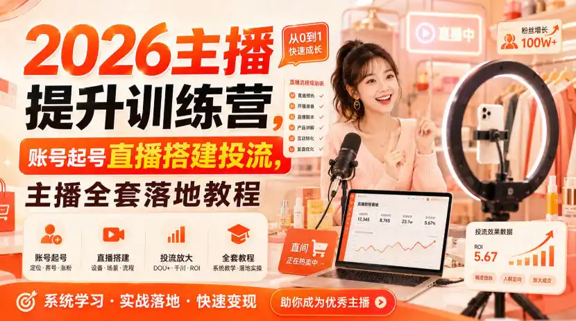 2026主播提升训练营,账号起号直播搭建投流,主播全套落地教程-来缘阁