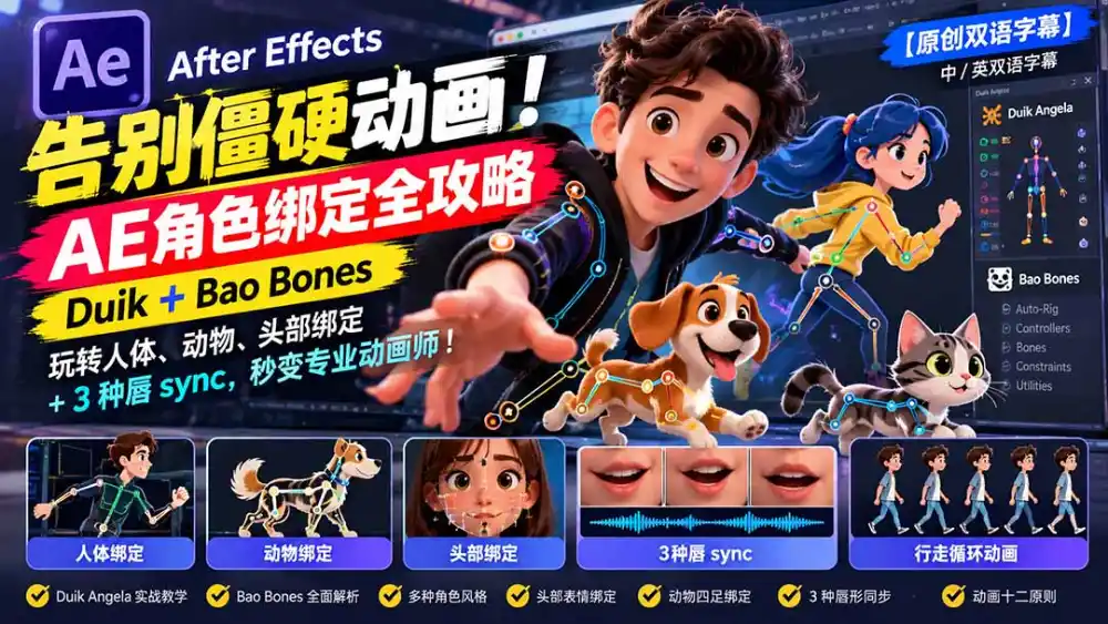 【无水印】告别僵硬动画！AE 角色绑定全攻略：Duik+Bao Bones玩转人体/动物/头部绑定+3种唇sync，秒变专业动画师-来缘阁