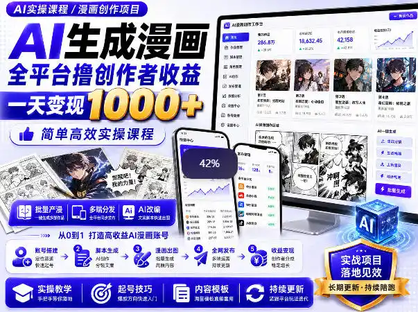 AI生成漫画全平台撸创作者收益内部课程，实操最高单日变现1k+-来缘阁