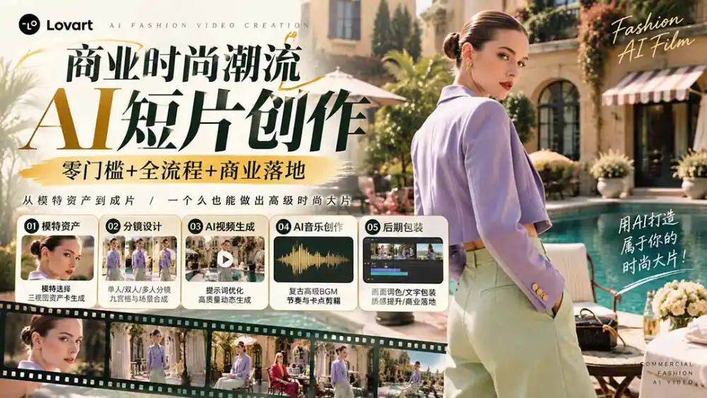 从一张模特图到高级时尚广告大片:AI三视图资产、场景合成、电影分镜、动态生成与复古音乐剪辑实战课-来缘阁