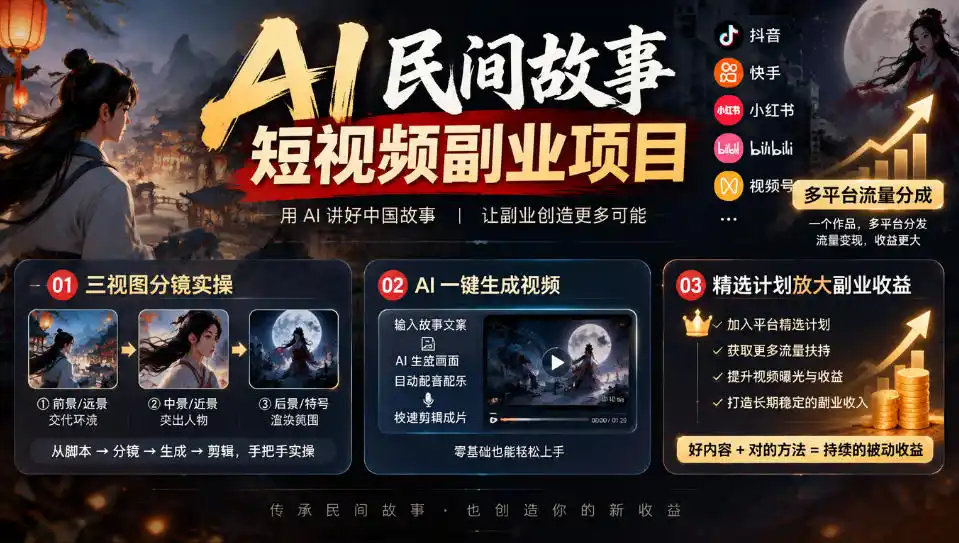 AI民间故事短视频副业项目,多平台流量分成,三视图分镜实操,精选计划放大副业收益-来缘阁