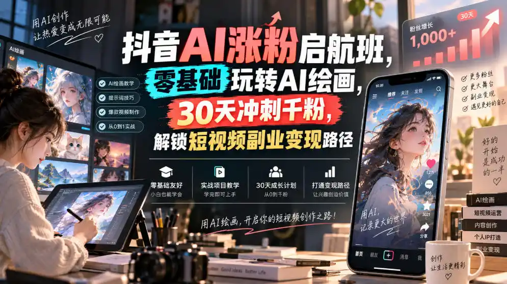 抖音AI涨粉启航班,零基础玩转AI绘画,30天冲刺千粉,解锁短视频副业变现路径-来缘阁