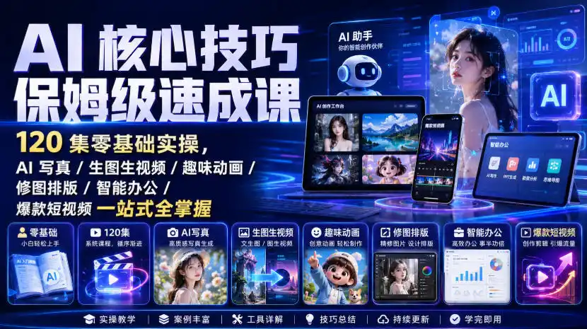 AI核心技巧保姆级速成课｜120集零基础实操，AI写真/生图生视频/趣味动画/修图排版/智能办公/爆款短视频一站式全掌握(更新)-来缘阁